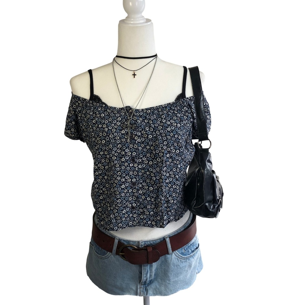 Vintage Y2K Anxiety Floral Off Shoulder Top Blue Ditsy Button Front Womens M